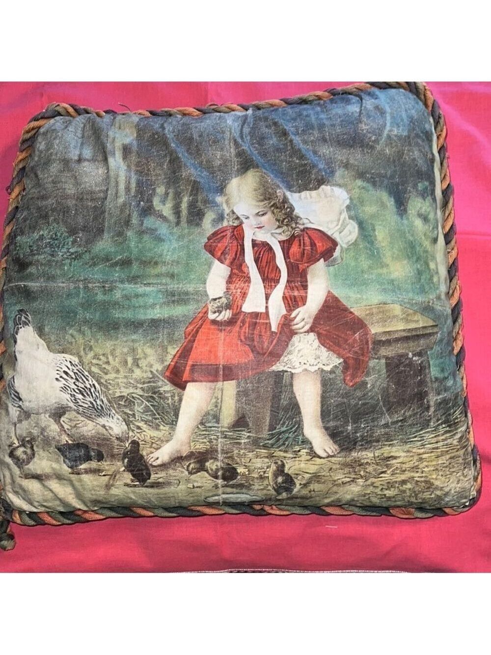 VINTAGE pillow. Girl with chickens. Unique. Square shape 19 x 19